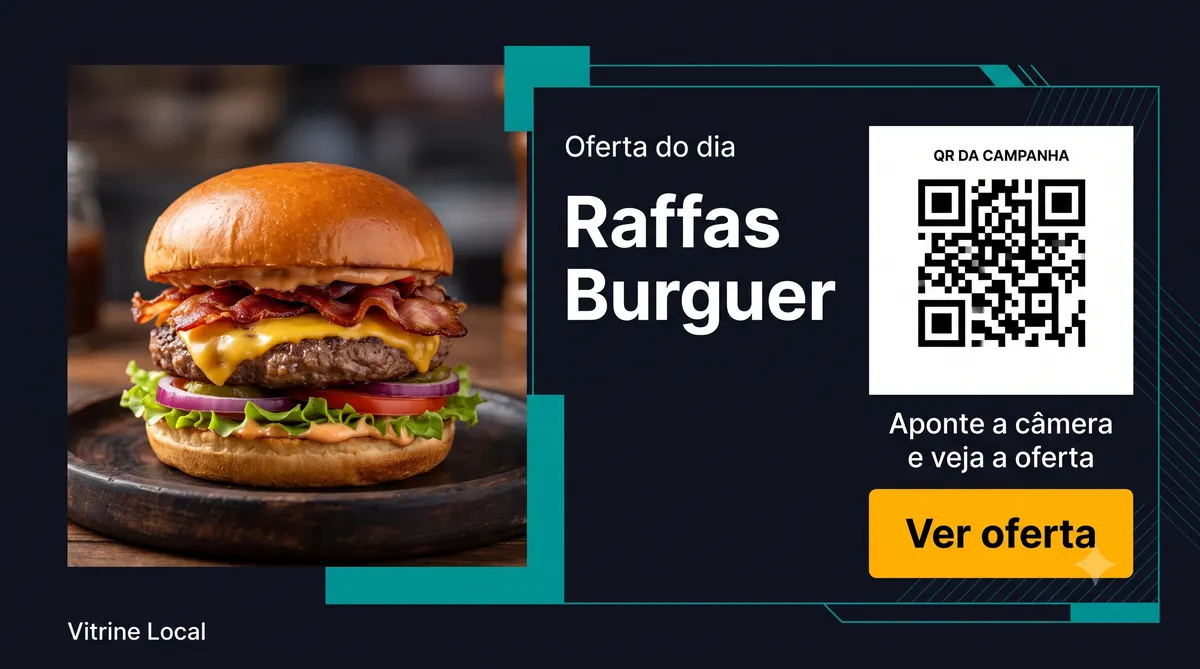 Card de oferta do dia na tela Vitrine Local: Raffas Burguer com QR Code da campanha
